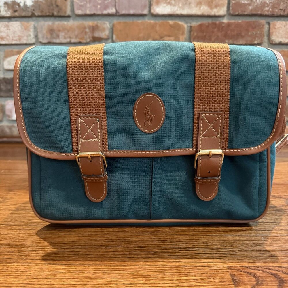 Vintage Polo Ralph Lauren Crossbody Bag Green Canvas Leather Trim Shoulder Strap